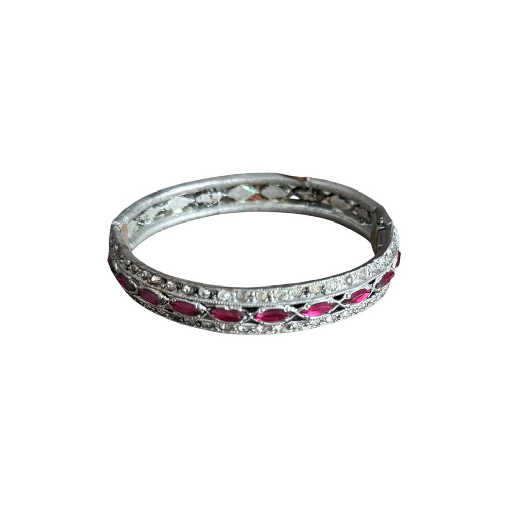 Vintage Art Deco Channel Set Ruby Pink & Clear Rhinestone & Silver Tone Bracelet